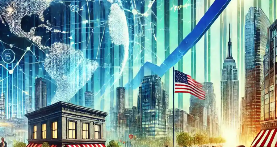 Illustration montrant la croissance économique des États-Unis en 2024, avec un graphique financier en hausse, des consommateurs actifs et un marché du travail dynamique.