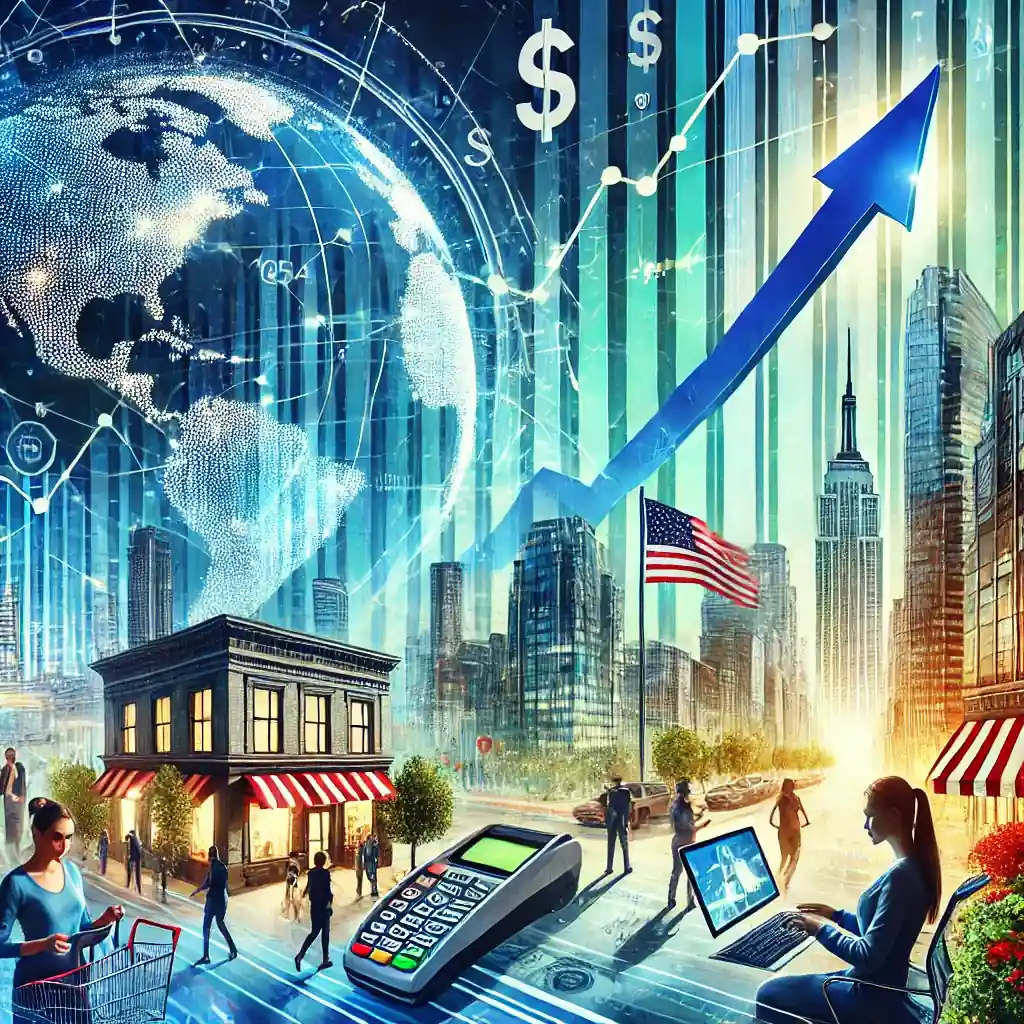 Illustration montrant la croissance économique des États-Unis en 2024, avec un graphique financier en hausse, des consommateurs actifs et un marché du travail dynamique.
