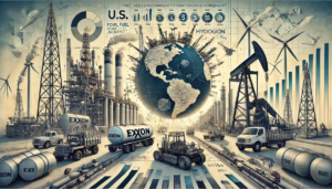 Illustration des impacts du retrait des États-Unis de l'Accord de Paris, avec des infrastructures pétrolières et des symboles d’énergie renouvelable.