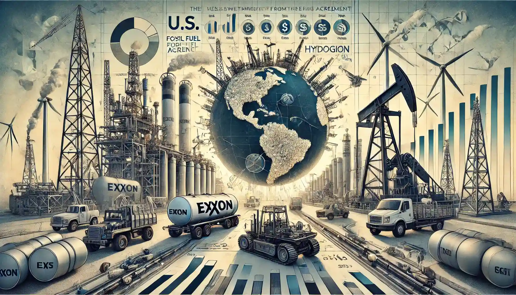 Illustration des impacts du retrait des États-Unis de l'Accord de Paris, avec des infrastructures pétrolières et des symboles d’énergie renouvelable.