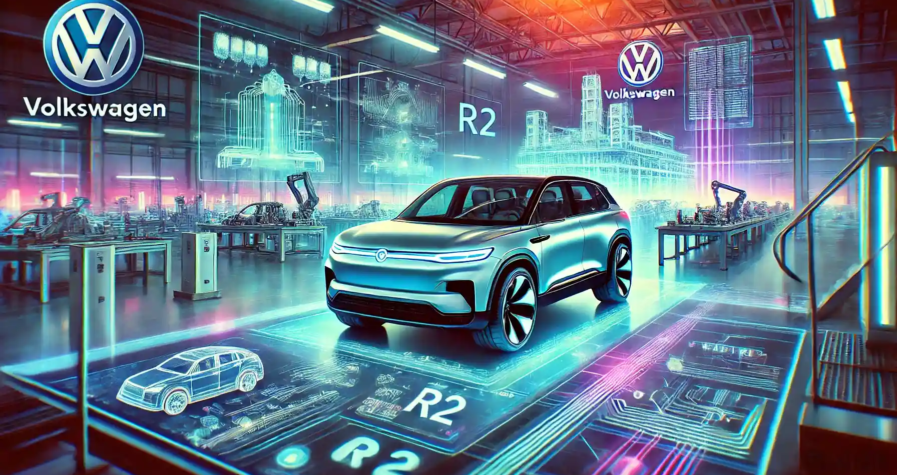 Illustration of Rivian's R2 SUV in a Volkswagen manufacturing plant, symbolizing their electric vehicle collaboration and technological innovation.