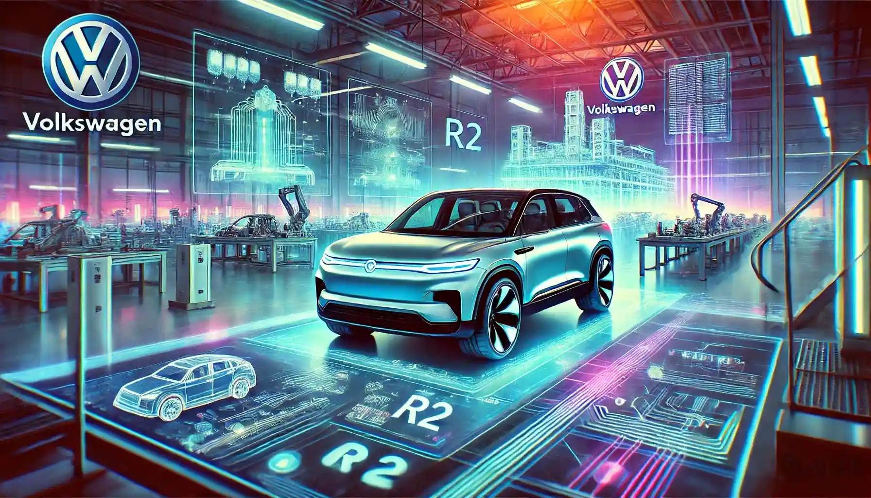 Illustration of Rivian's R2 SUV in a Volkswagen manufacturing plant, symbolizing their electric vehicle collaboration and technological innovation.