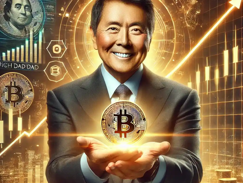 Une illustration réaliste de Robert Kiyosaki tenant un symbole Bitcoin, entouré d'un fond futuriste avec des graphiques financiers et des données numériques, reflétant l'optimisme pour la croissance du Bitcoin en 2025.