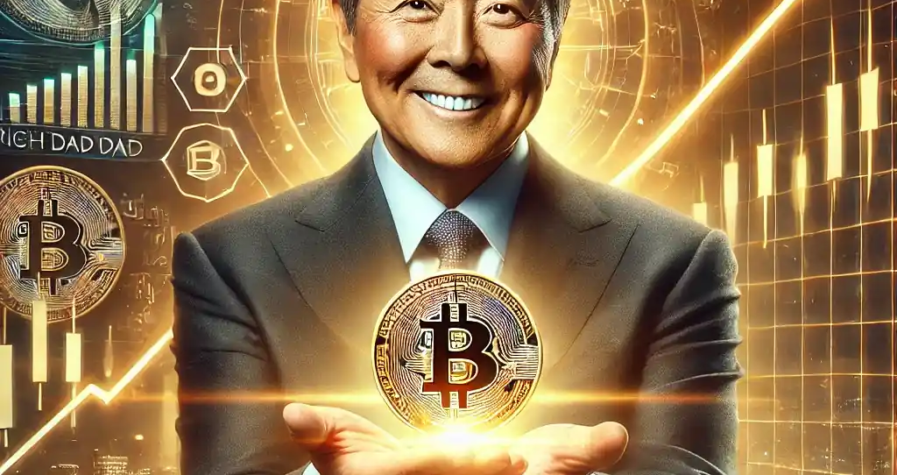 Une illustration réaliste de Robert Kiyosaki tenant un symbole Bitcoin, entouré d'un fond futuriste avec des graphiques financiers et des données numériques, reflétant l'optimisme pour la croissance du Bitcoin en 2025.