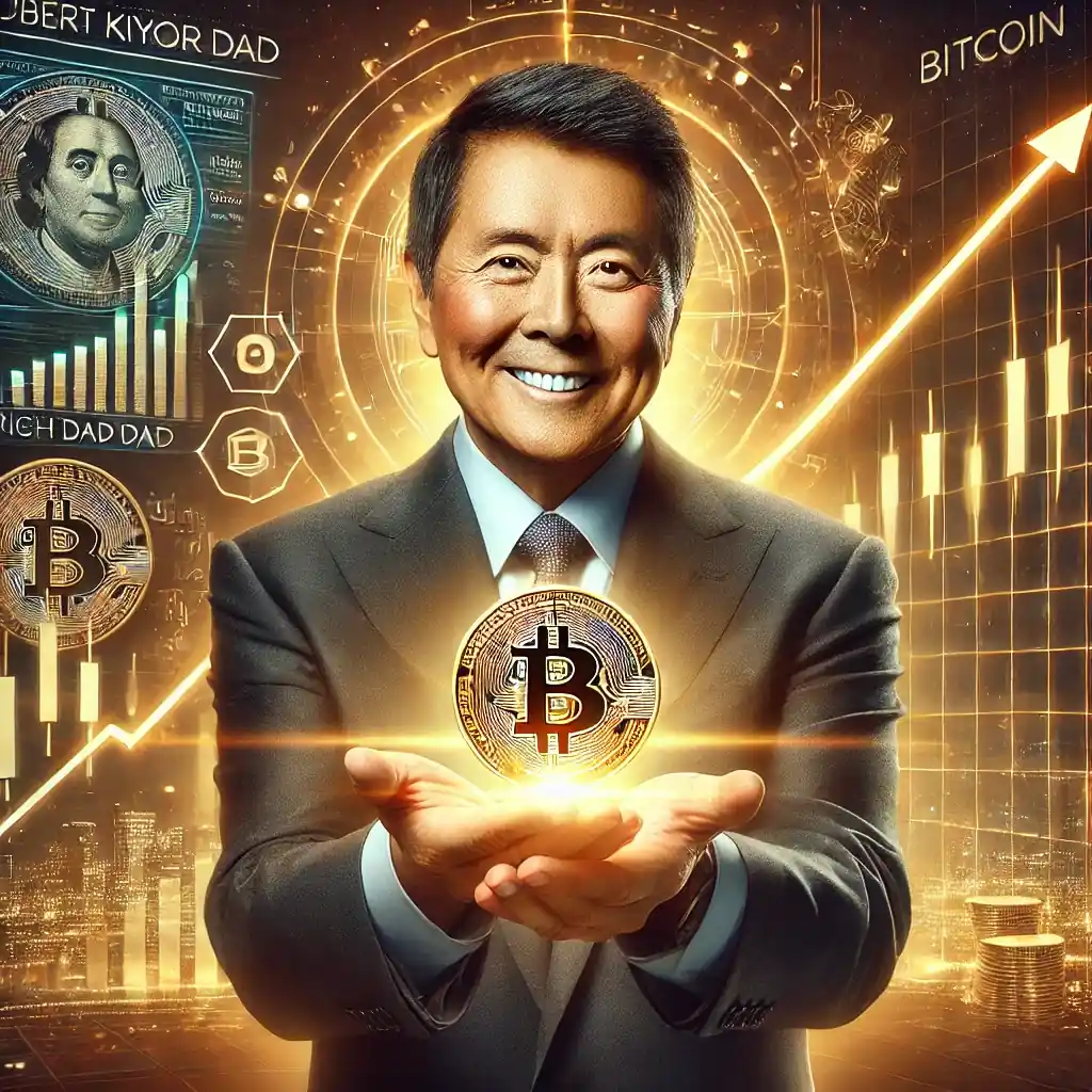 Une illustration réaliste de Robert Kiyosaki tenant un symbole Bitcoin, entouré d'un fond futuriste avec des graphiques financiers et des données numériques, reflétant l'optimisme pour la croissance du Bitcoin en 2025.