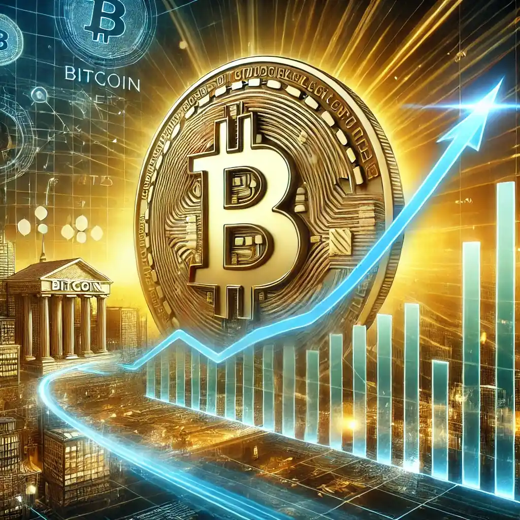 Illustration depicting Robert Kiyosaki’s Bitcoin prediction for 2025, showcasing a rising financial graph and Bitcoin logo with blockchain elements