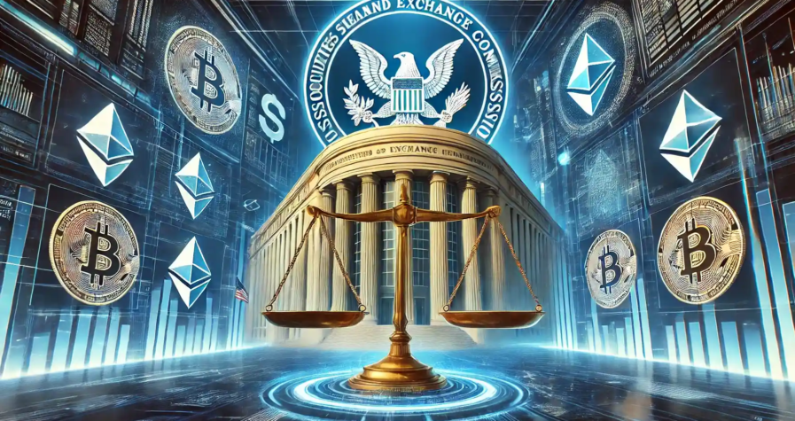 Illustration of the SEC building with a hologram of Bitcoin and Ethereum, symbolizing the balance between regulation and innovation in cryptocurrency.