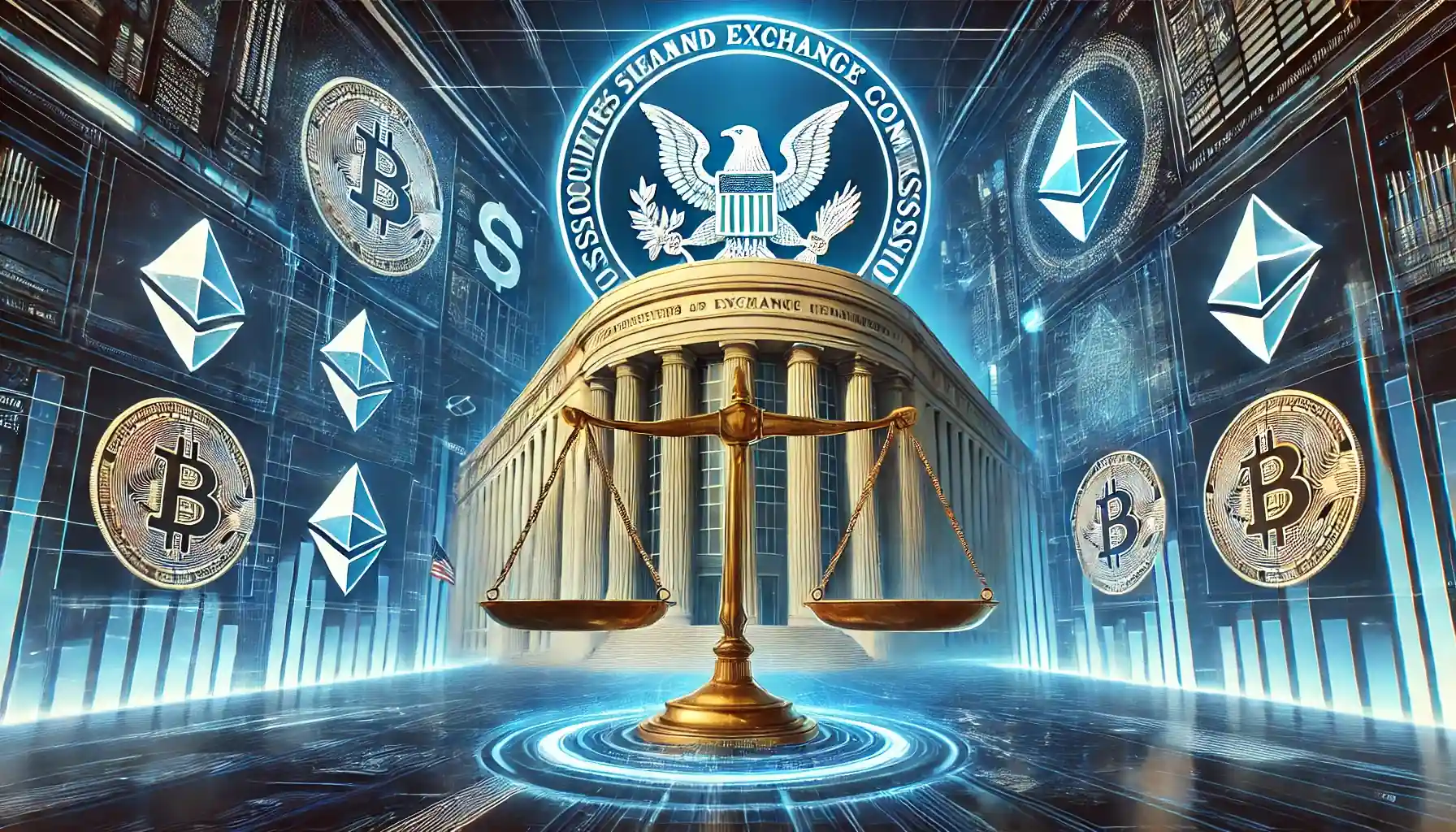 Illustration of the SEC building with a hologram of Bitcoin and Ethereum, symbolizing the balance between regulation and innovation in cryptocurrency.