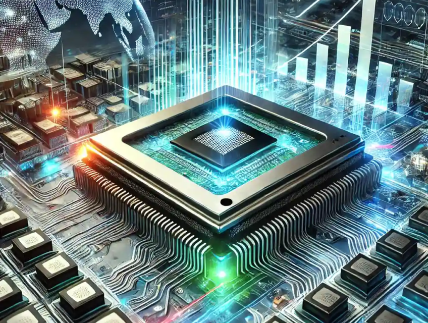 A futuristic digital illustration showcasing SK Hynix's leadership in high-bandwidth memory technology and AI-driven innovation.