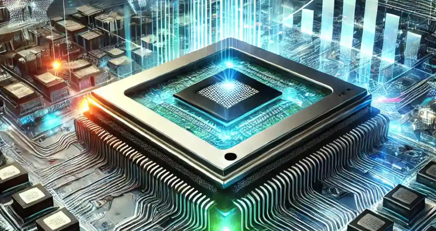 A futuristic digital illustration showcasing SK Hynix's leadership in high-bandwidth memory technology and AI-driven innovation.