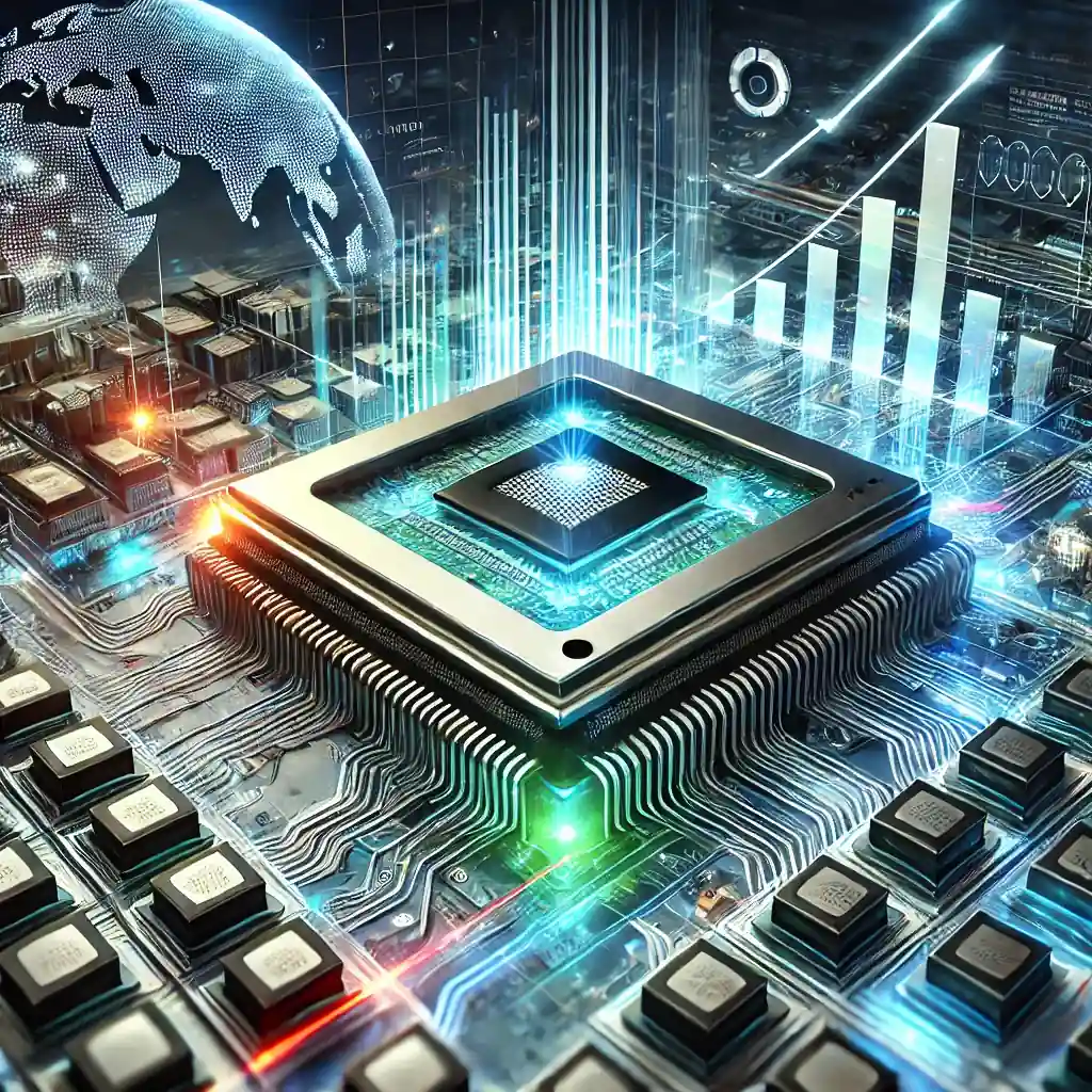 A futuristic digital illustration showcasing SK Hynix's leadership in high-bandwidth memory technology and AI-driven innovation.