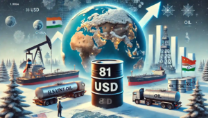 Illustration des impacts des sanctions américaines sur le Brent, avec un baril à 81 USD, des pétroliers bloqués près de la Chine et une plate-forme pétrolière du Moyen-Orient.