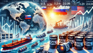 Illustration des impacts des sanctions américaines contre la Russie et des droits de douane sur le marché pétrolier, avec des barils de pétrole, une carte géopolitique et des graphiques de prix.
