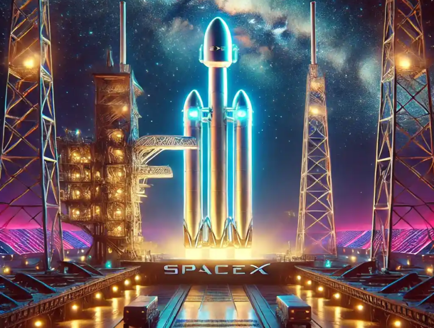 A futuristic depiction of SpaceX's Starship rocket on the launch pad at Boca Chica, Texas, under a starry night sky. The rocket is sleek and illuminated with vibrant neon-like lights, emphasizing its advanced technology and readiness for space exploration.