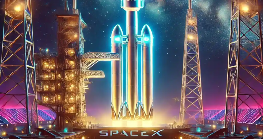 A futuristic depiction of SpaceX's Starship rocket on the launch pad at Boca Chica, Texas, under a starry night sky. The rocket is sleek and illuminated with vibrant neon-like lights, emphasizing its advanced technology and readiness for space exploration.
