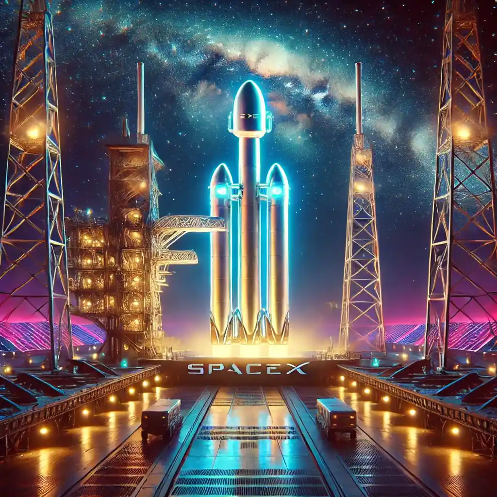 A futuristic depiction of SpaceX's Starship rocket on the launch pad at Boca Chica, Texas, under a starry night sky. The rocket is sleek and illuminated with vibrant neon-like lights, emphasizing its advanced technology and readiness for space exploration.