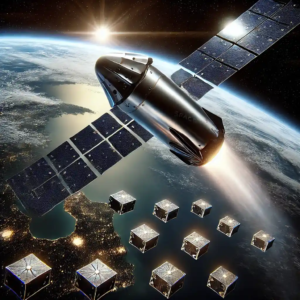 Illustration réaliste de Starship de SpaceX déployant des satellites simulés Starlink en orbite, avec la Terre en arrière-plan.
