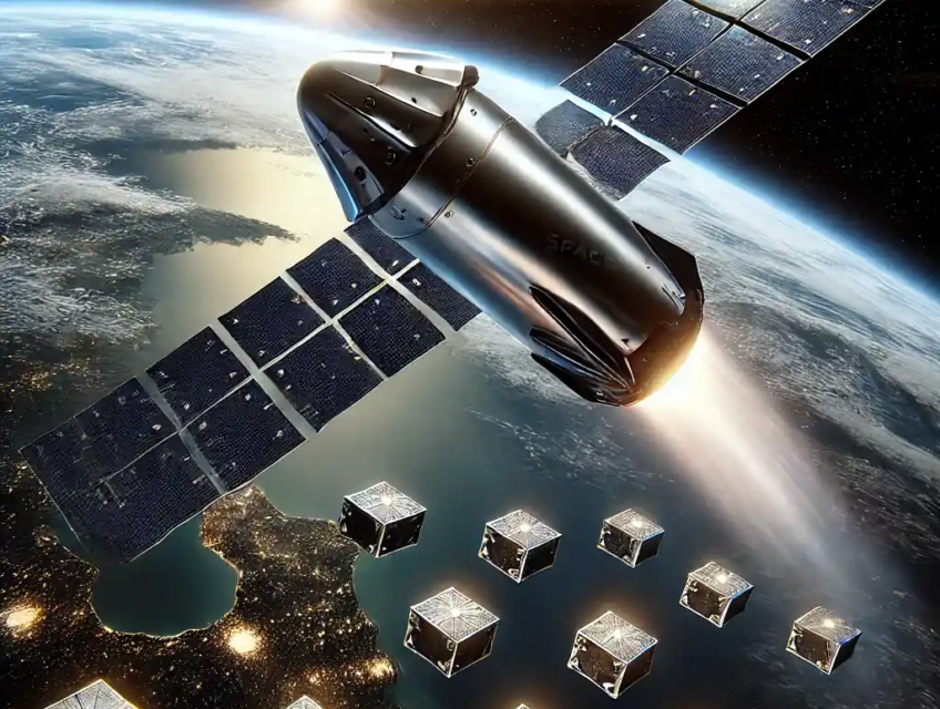 Illustration réaliste de Starship de SpaceX déployant des satellites simulés Starlink en orbite, avec la Terre en arrière-plan.