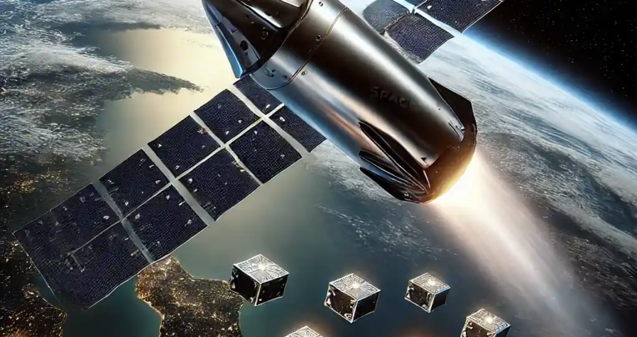Illustration réaliste de Starship de SpaceX déployant des satellites simulés Starlink en orbite, avec la Terre en arrière-plan.