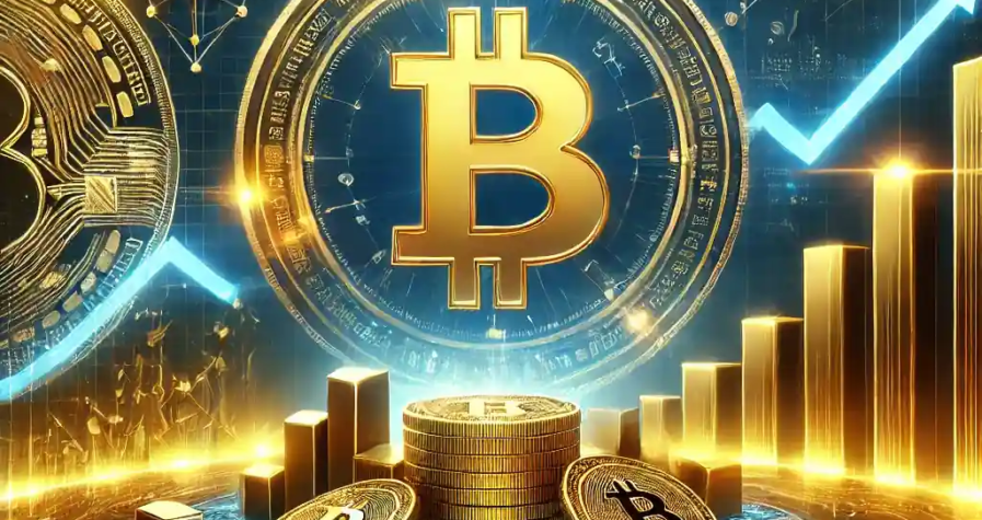 A futuristic digital representation of spot Bitcoin ETFs reshaping investment avenues, showcasing Bitcoin and gold symbols, and ETF charts indicating growth.