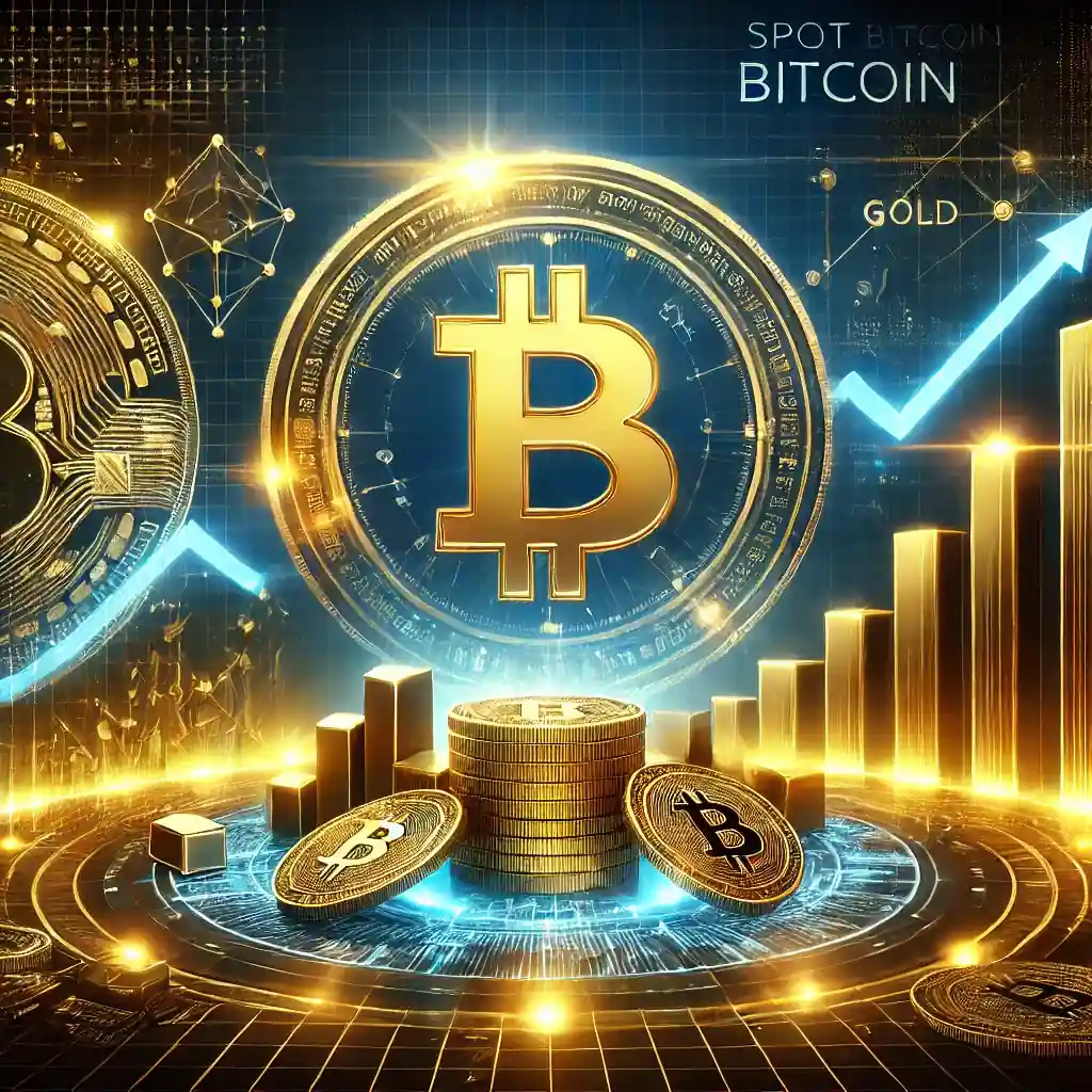 A futuristic digital representation of spot Bitcoin ETFs reshaping investment avenues, showcasing Bitcoin and gold symbols, and ETF charts indicating growth.