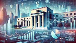 Illustration montrant la décision de la Réserve fédérale de maintenir les taux d’intérêt, avec des graphiques financiers et des projections économiques.