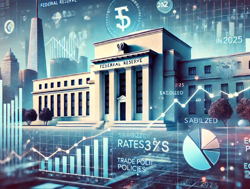 Illustration montrant la décision de la Réserve fédérale de maintenir les taux d’intérêt, avec des graphiques financiers et des projections économiques.