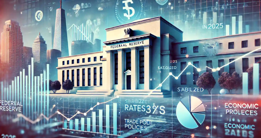 Illustration montrant la décision de la Réserve fédérale de maintenir les taux d’intérêt, avec des graphiques financiers et des projections économiques.