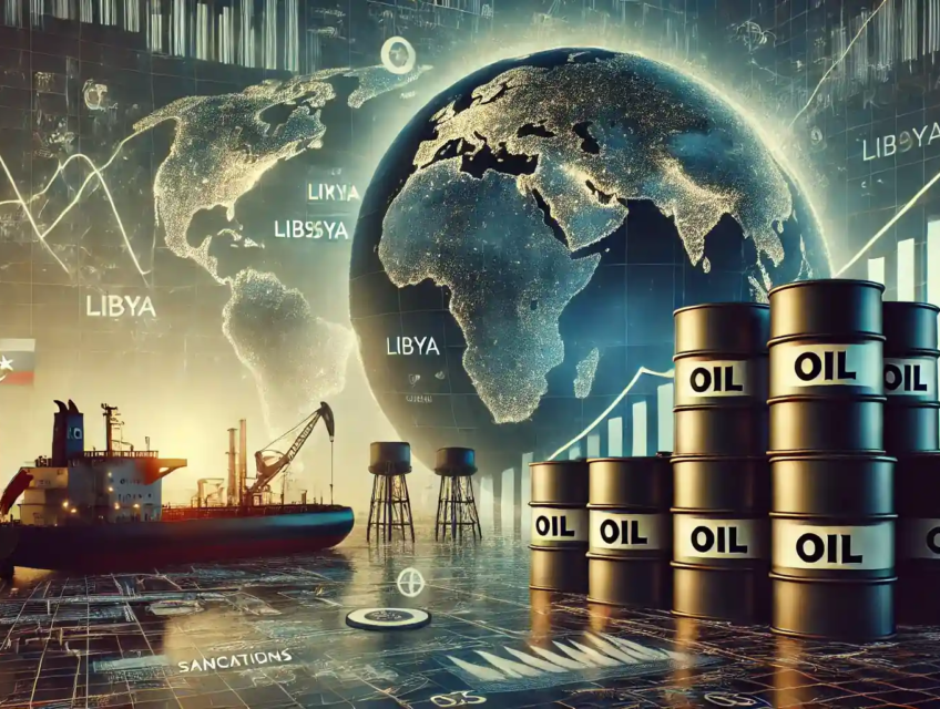 Illustration représentant la stabilité du marché pétrolier mondial en 2025 avec des barils de pétrole, une carte du monde et un pétrolier.