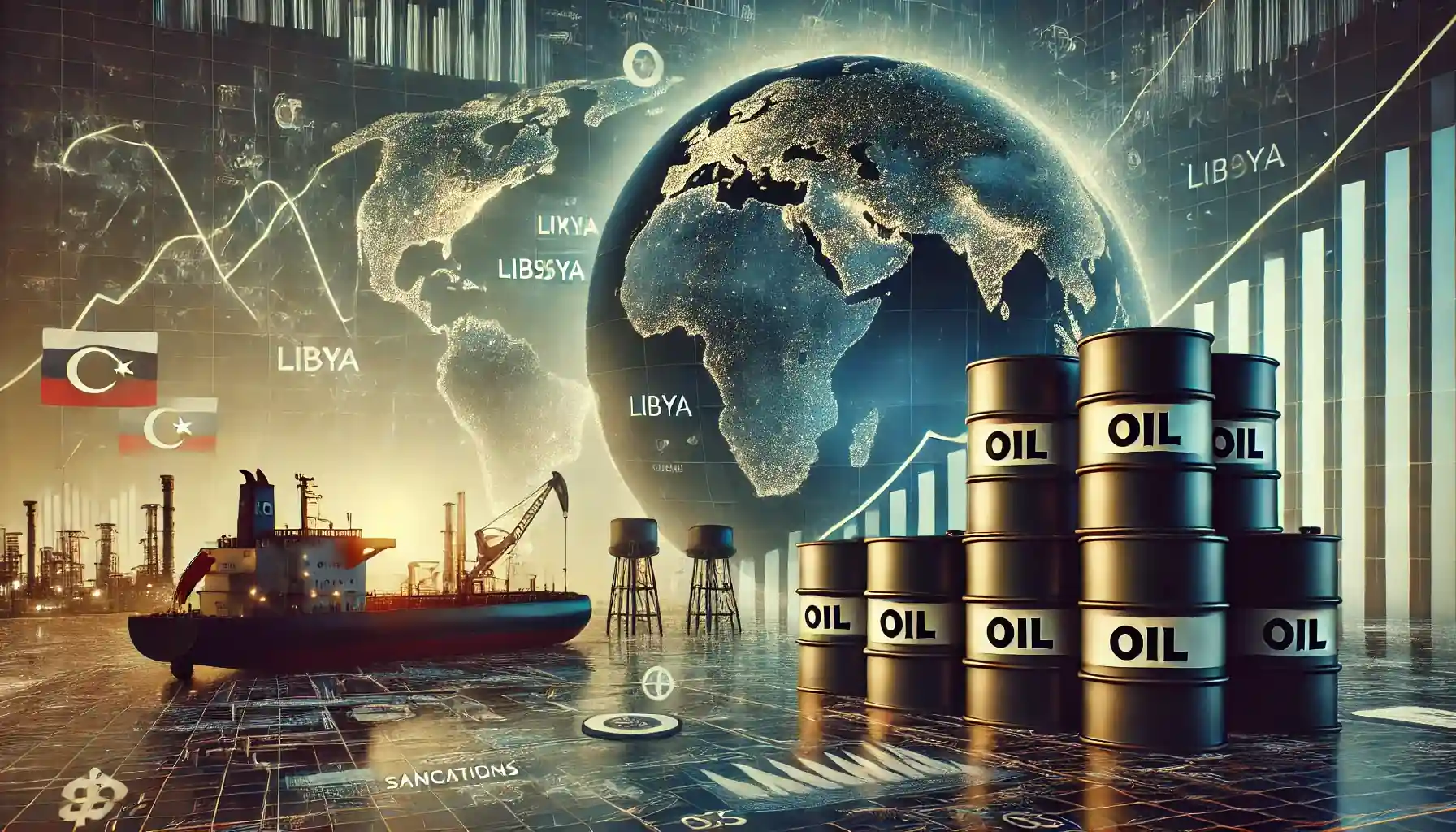 Illustration représentant la stabilité du marché pétrolier mondial en 2025 avec des barils de pétrole, une carte du monde et un pétrolier.