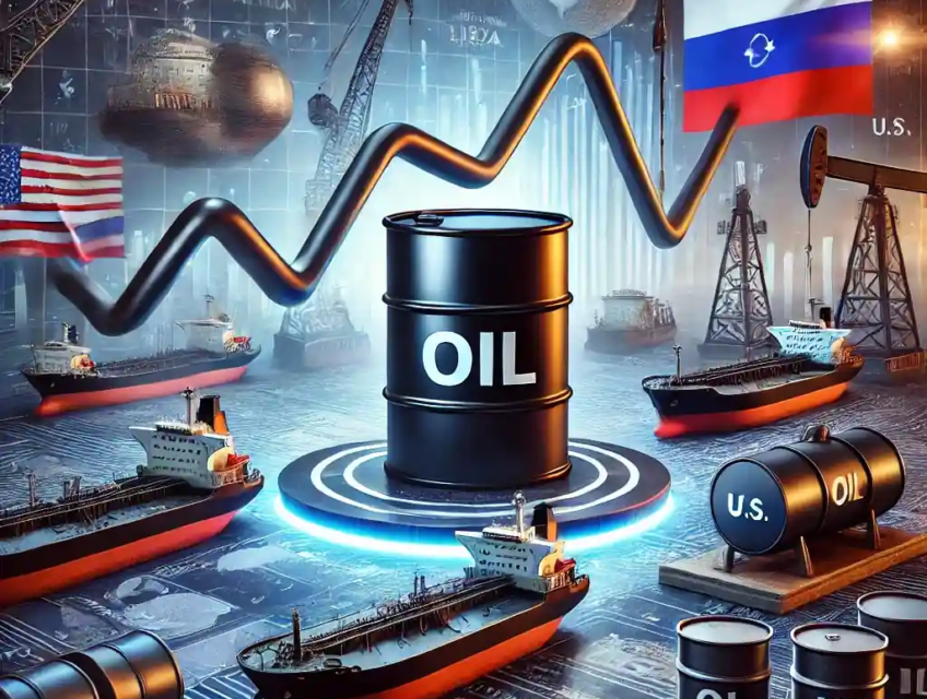 An illustration of stable oil prices showing an oil barrel, financial graph, tankers for Russian exports, and symbols of geopolitical trade impacts.