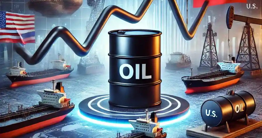 An illustration of stable oil prices showing an oil barrel, financial graph, tankers for Russian exports, and symbols of geopolitical trade impacts.