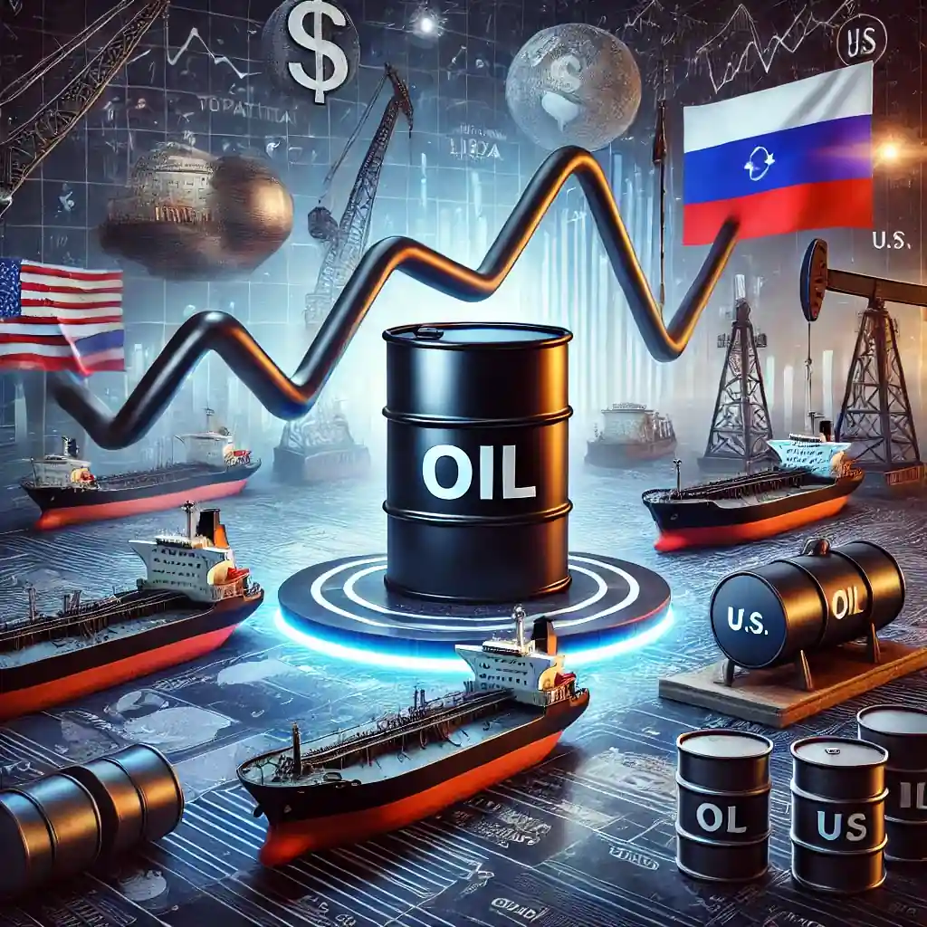 An illustration of stable oil prices showing an oil barrel, financial graph, tankers for Russian exports, and symbols of geopolitical trade impacts.