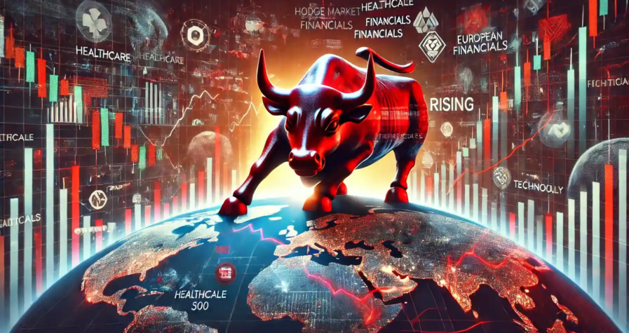 Illustration de fonds spéculatifs pariant contre les actions américaines, avec une chute du S&P 500, des graphiques sectoriels, et une hausse des marchés européens et asiatiques.