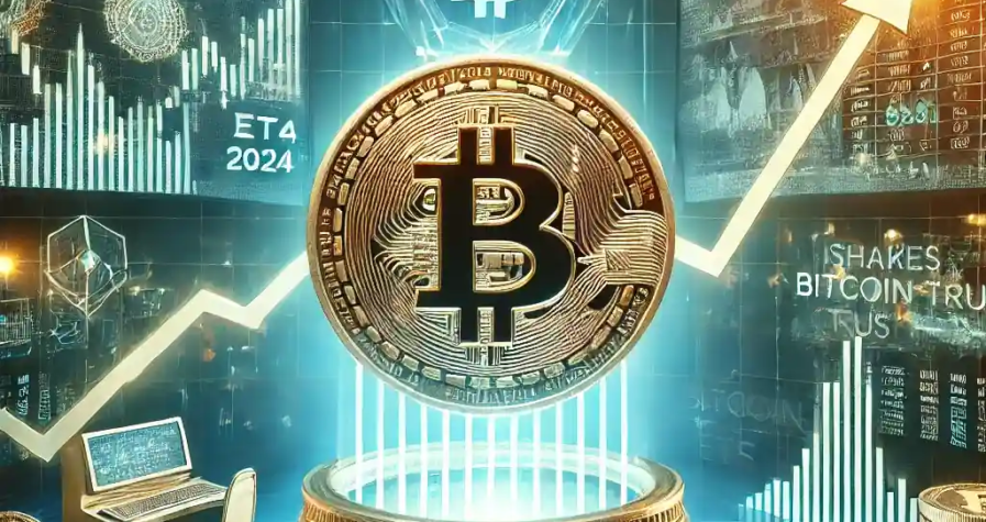 Une illustration détaillée montrant la domination des ETF Bitcoin en 2024, avec des graphiques financiers futuristes, un Bitcoin en vedette, et une représentation de l’iShares Bitcoin Trust en croissance exponentielle.