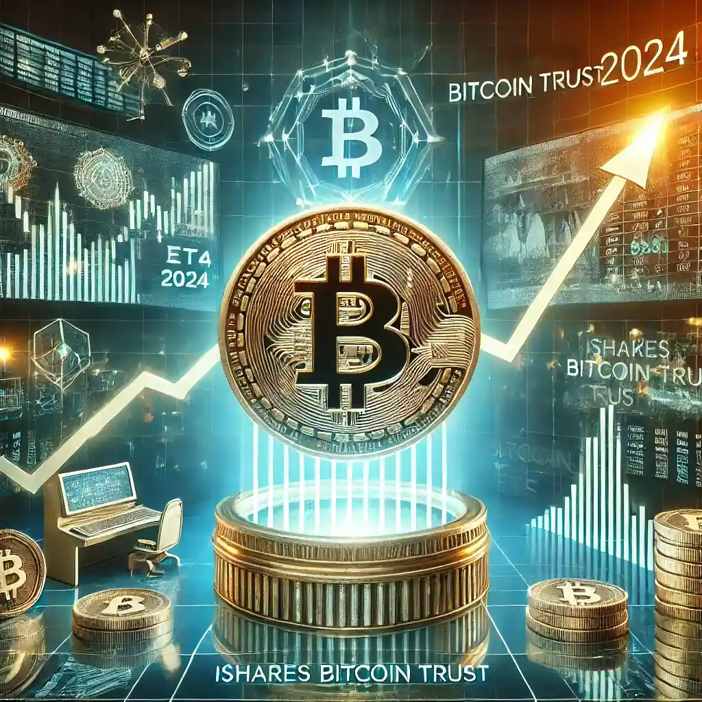 Une illustration détaillée montrant la domination des ETF Bitcoin en 2024, avec des graphiques financiers futuristes, un Bitcoin en vedette, et une représentation de l’iShares Bitcoin Trust en croissance exponentielle.