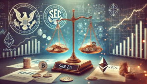 Illustration symbolisant la suppression des directives SAB 121, avec une balance représentant la réglementation équilibrée entre actifs numériques et banques traditionnelles.