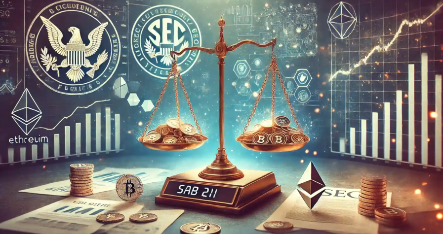 Illustration symbolisant la suppression des directives SAB 121, avec une balance représentant la réglementation équilibrée entre actifs numériques et banques traditionnelles.