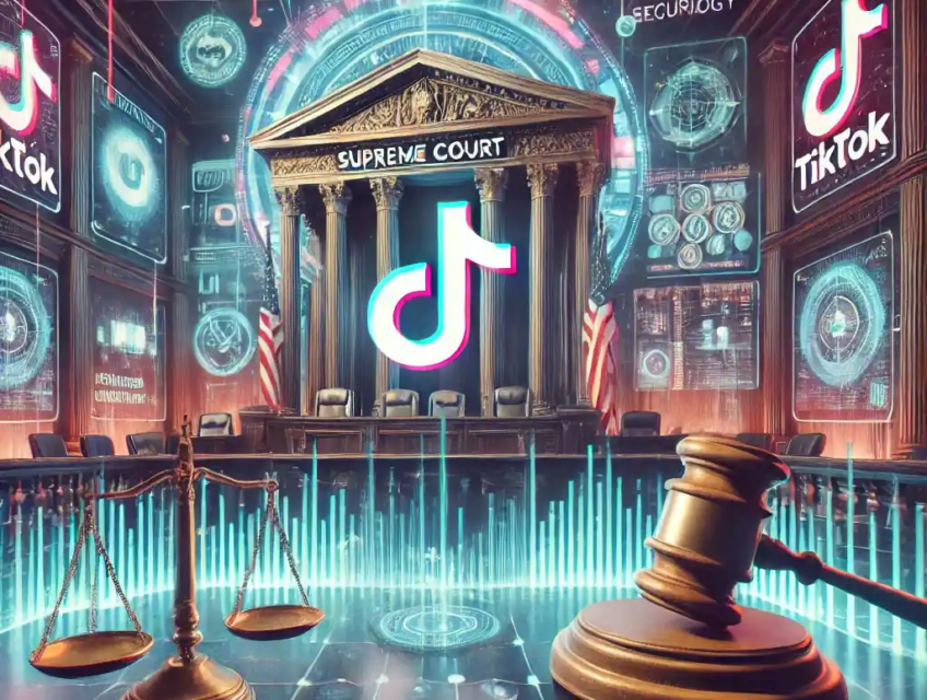 A visually striking representation of the Supreme Court addressing the TikTok case, blending modern technology with legal authority in a futuristic courtroom setting.