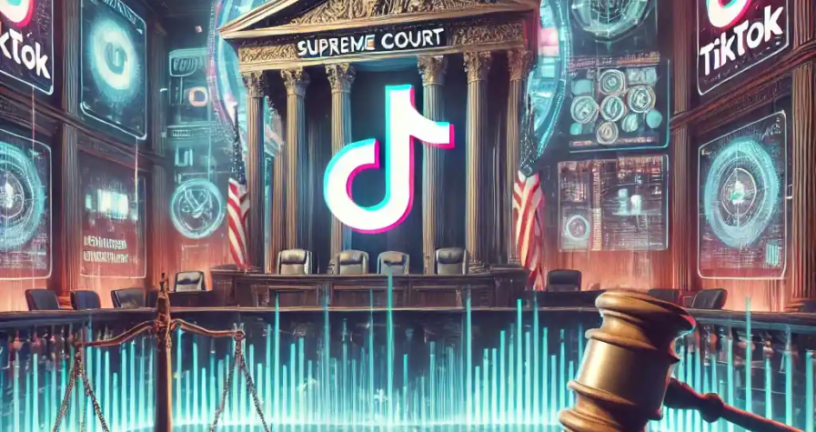 A visually striking representation of the Supreme Court addressing the TikTok case, blending modern technology with legal authority in a futuristic courtroom setting.