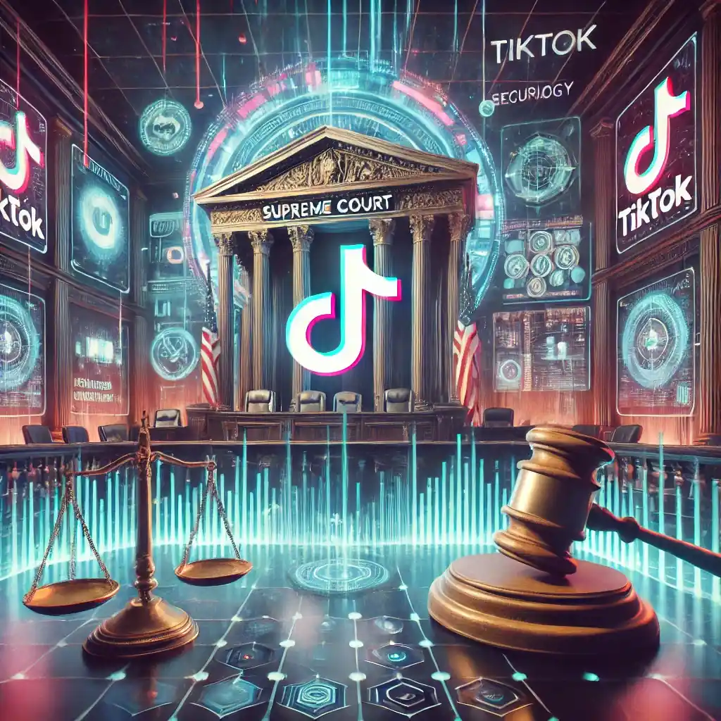 A visually striking representation of the Supreme Court addressing the TikTok case, blending modern technology with legal authority in a futuristic courtroom setting.