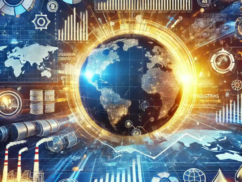 Représentation visuelle des marchés mondiaux début 2025, avec des graphiques financiers positifs, des tensions géopolitiques en Europe et des indicateurs économiques chinois.