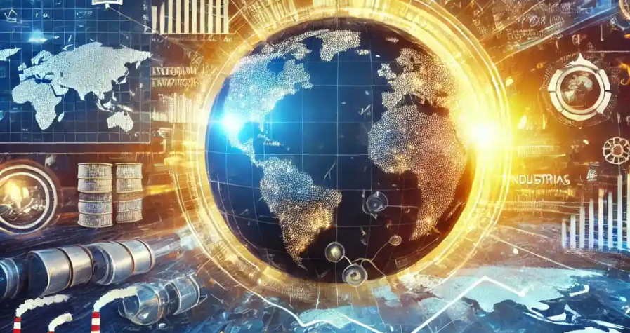 Représentation visuelle des marchés mondiaux début 2025, avec des graphiques financiers positifs, des tensions géopolitiques en Europe et des indicateurs économiques chinois.