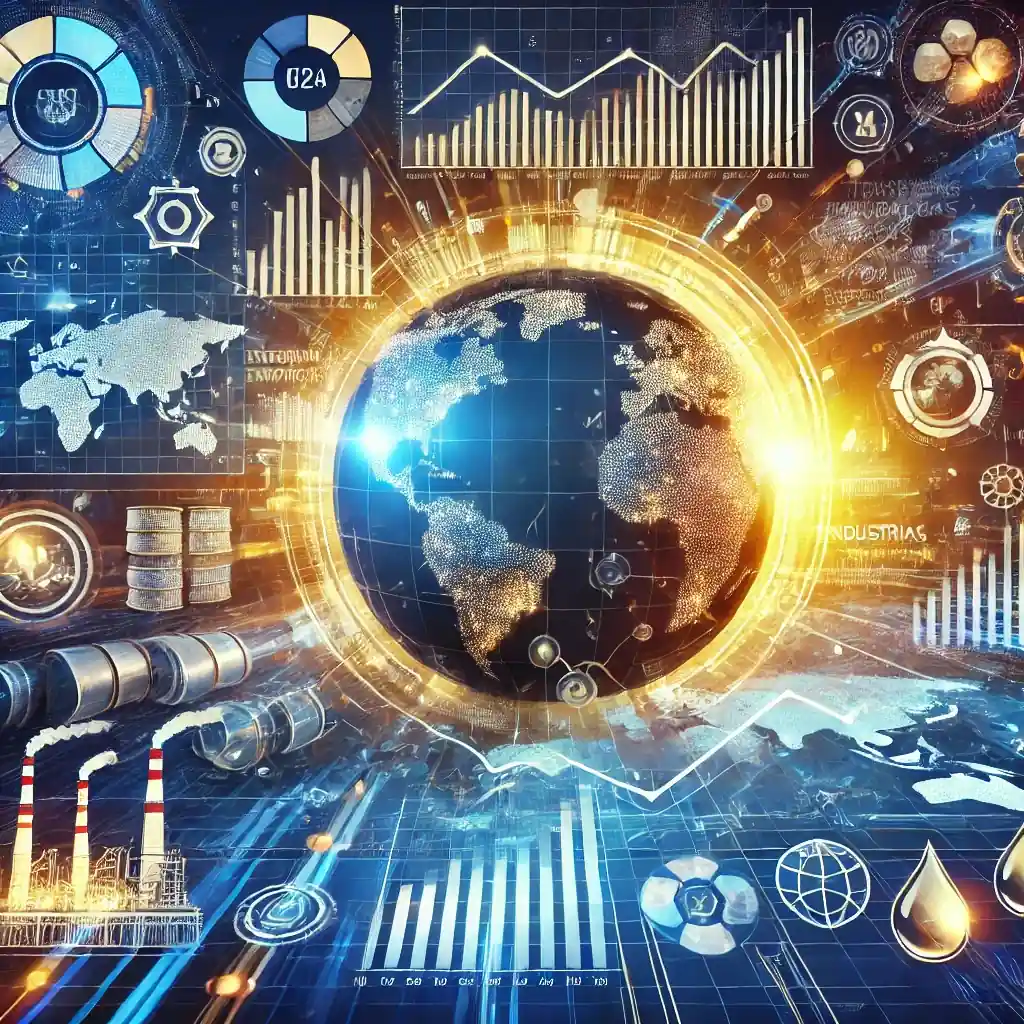 Représentation visuelle des marchés mondiaux début 2025, avec des graphiques financiers positifs, des tensions géopolitiques en Europe et des indicateurs économiques chinois.