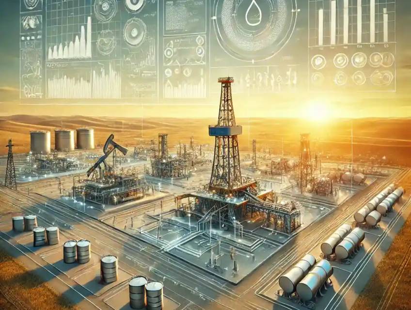 Illustration of Chevron's Tengiz oil field in Kazakhstan, featuring advanced drilling infrastructure, pipelines, and the surrounding steppe landscape under a golden sunset.
