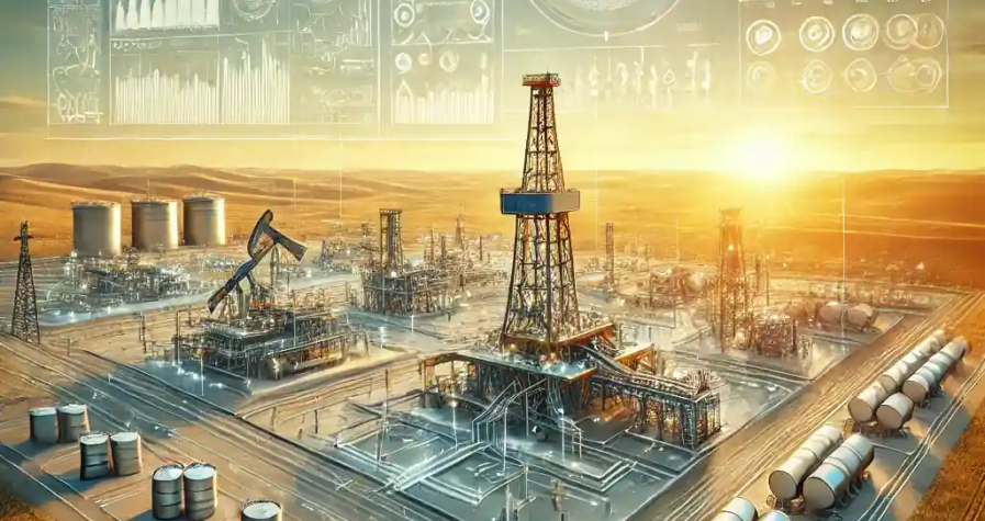 Illustration of Chevron's Tengiz oil field in Kazakhstan, featuring advanced drilling infrastructure, pipelines, and the surrounding steppe landscape under a golden sunset.