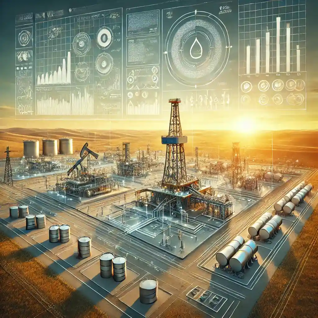 Illustration of Chevron's Tengiz oil field in Kazakhstan, featuring advanced drilling infrastructure, pipelines, and the surrounding steppe landscape under a golden sunset.