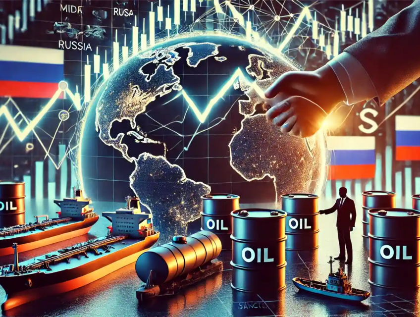 Illustration des interactions entre tensions géopolitiques, sanctions internationales et variations des prix du pétrole, avec une carte et des symboles de négociation.
