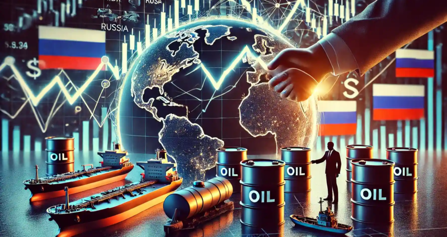 Illustration des interactions entre tensions géopolitiques, sanctions internationales et variations des prix du pétrole, avec une carte et des symboles de négociation.