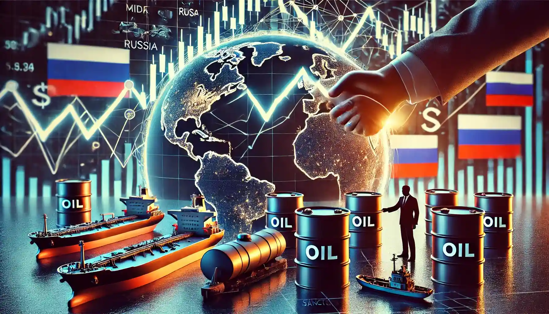 Illustration des interactions entre tensions géopolitiques, sanctions internationales et variations des prix du pétrole, avec une carte et des symboles de négociation.